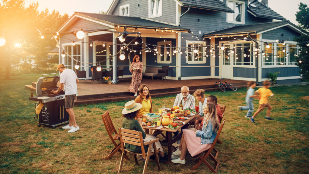 Big Family and Friends Celebrating Outside at Home.