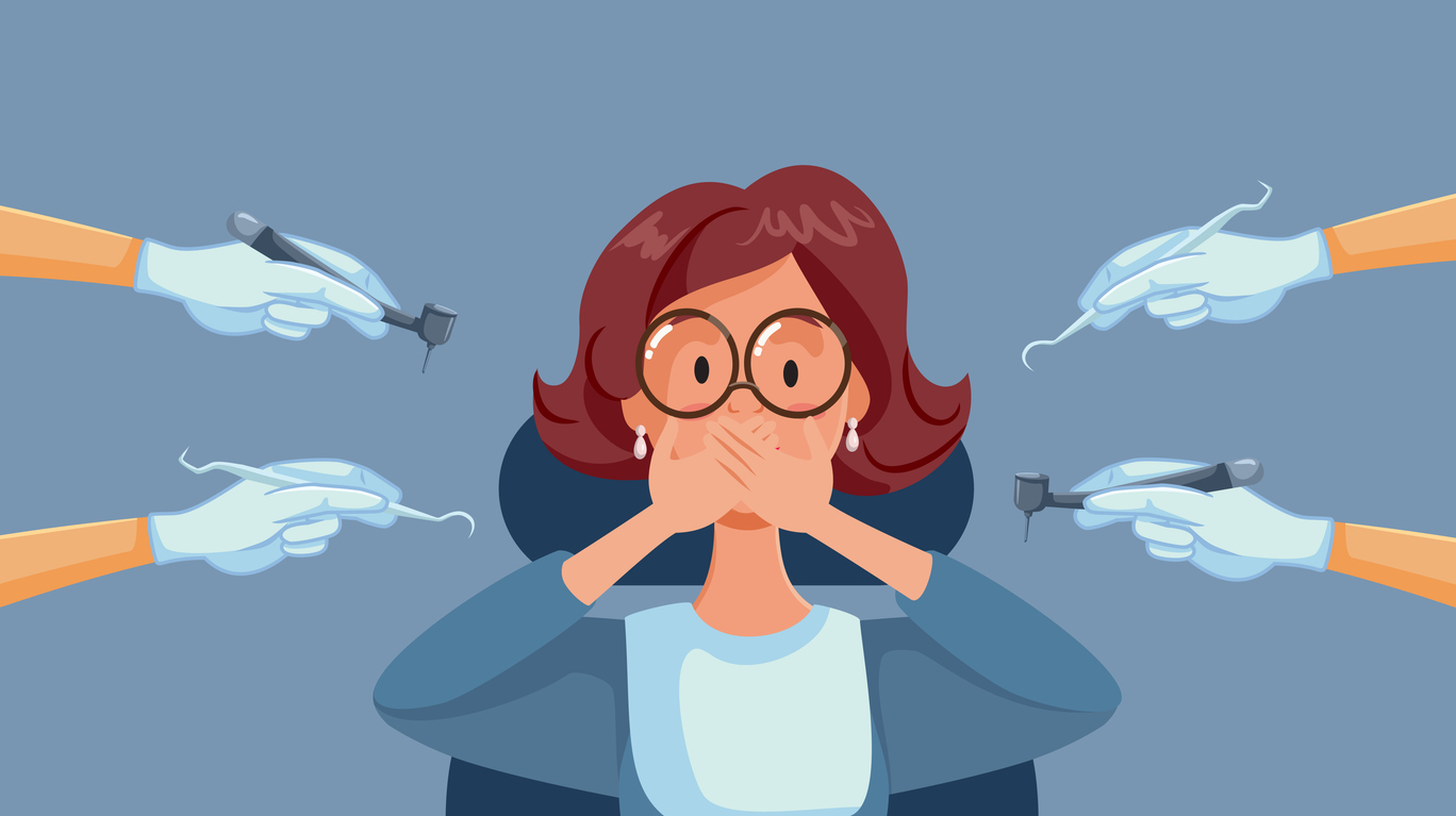 A cartoon-type image of a scared woman holding her hands over her mouth while surrounded by the hands of dentists holding various dental instruments.