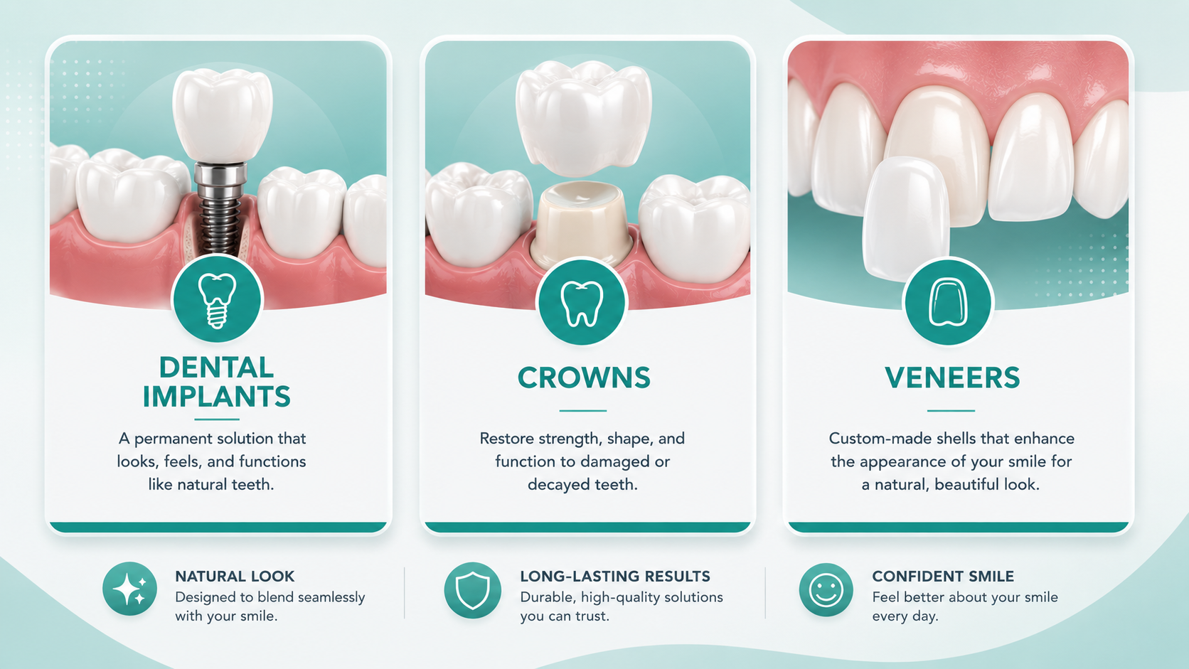Full mouth reconstruction building blocks: dental implants for a permanent natural solution, crowns to restore damaged teeth, and veneers to enhance the smile