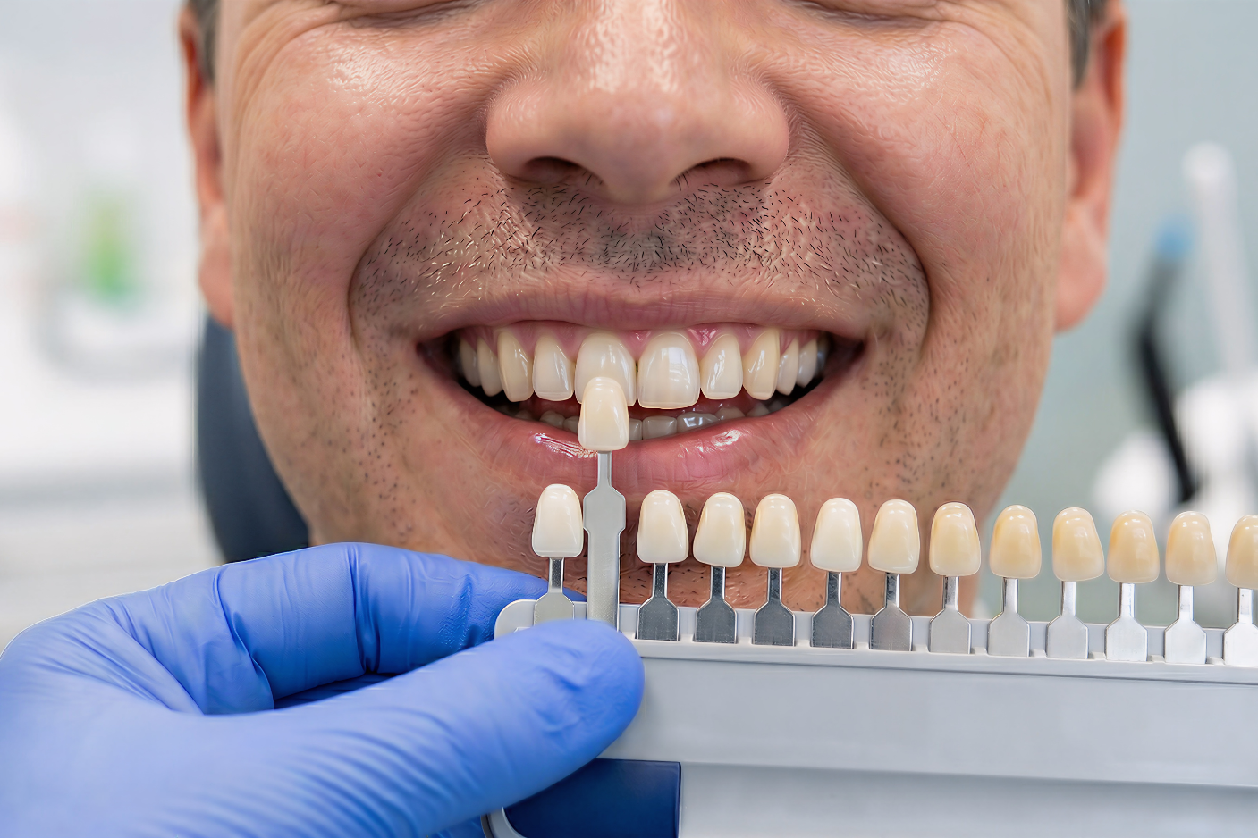 Dentist shade matching veneers during a cosmetic consultation at Art of Modern Dentistry Chicago