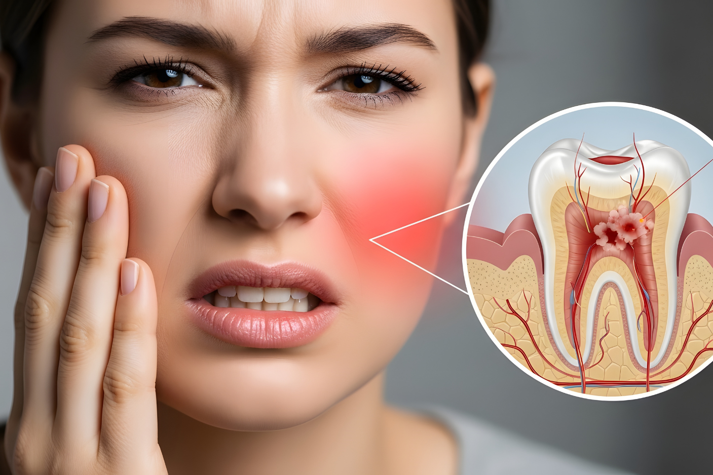 Woman experiencing tooth sensitivity and pain that may indicate decay under a dental crown