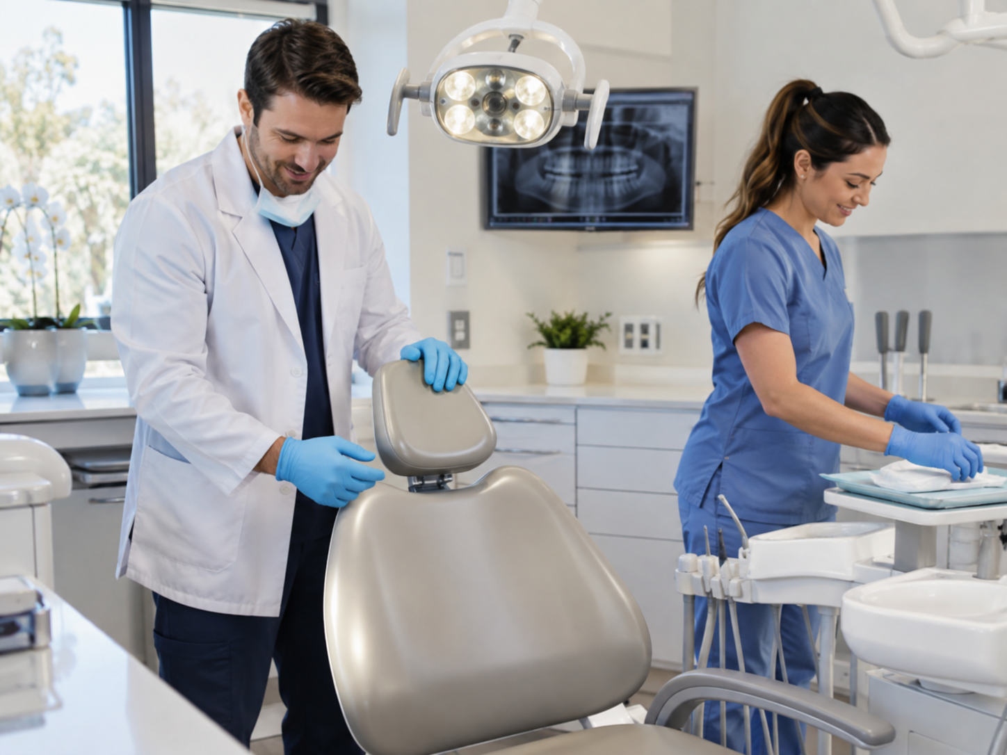 Dentist and dental assistant preparing a treatment room for an emergency dental appointment at Art of Modern Dentistry in Chicago