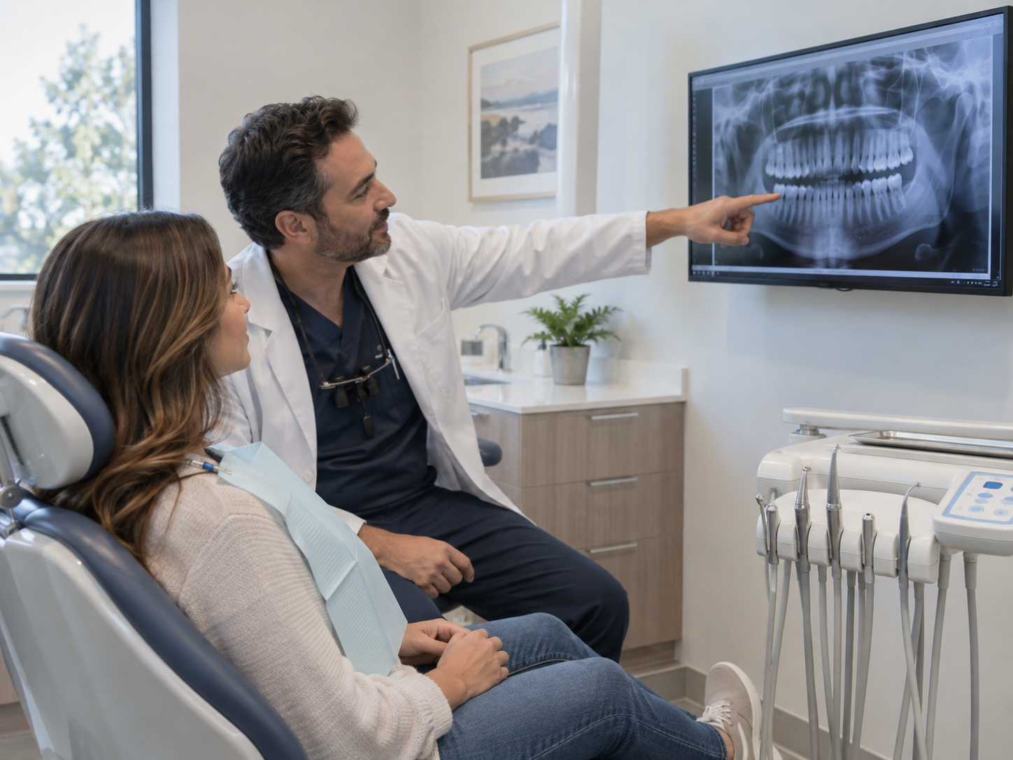 Dentist reviewing a digital dental x-ray with a patient before root canal treatment in Chicago
